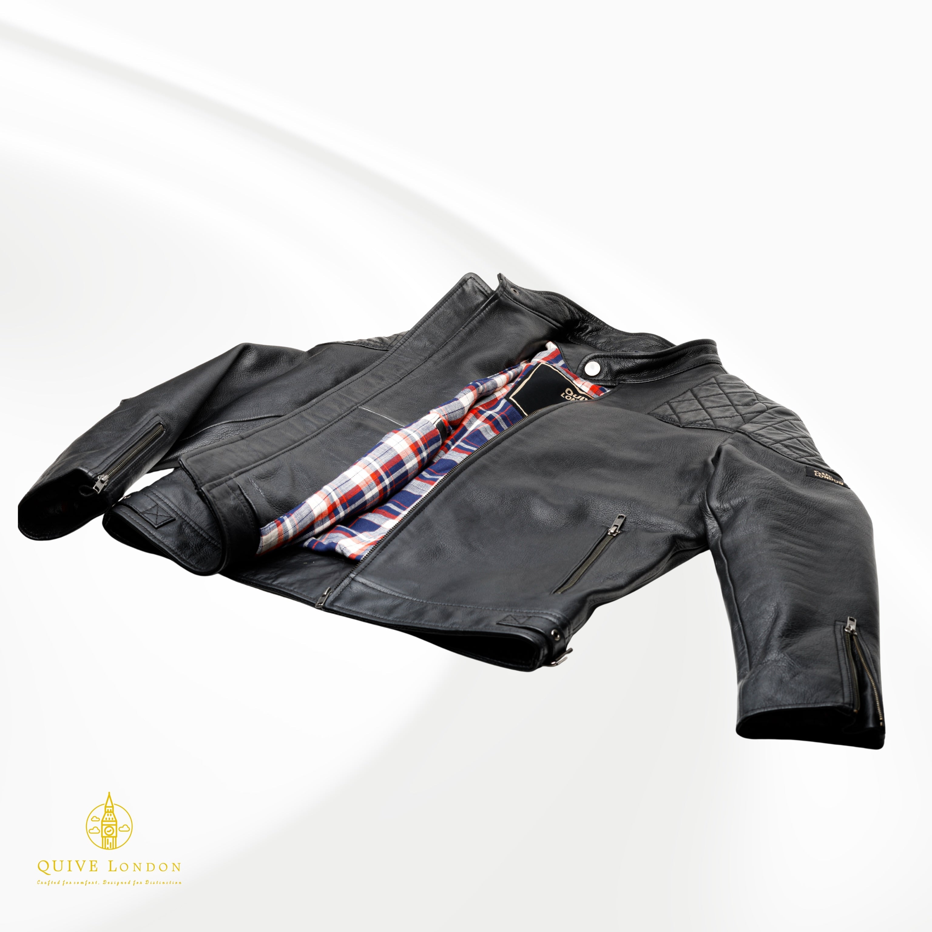 BROMPTON black leather jacket open view with checked lining