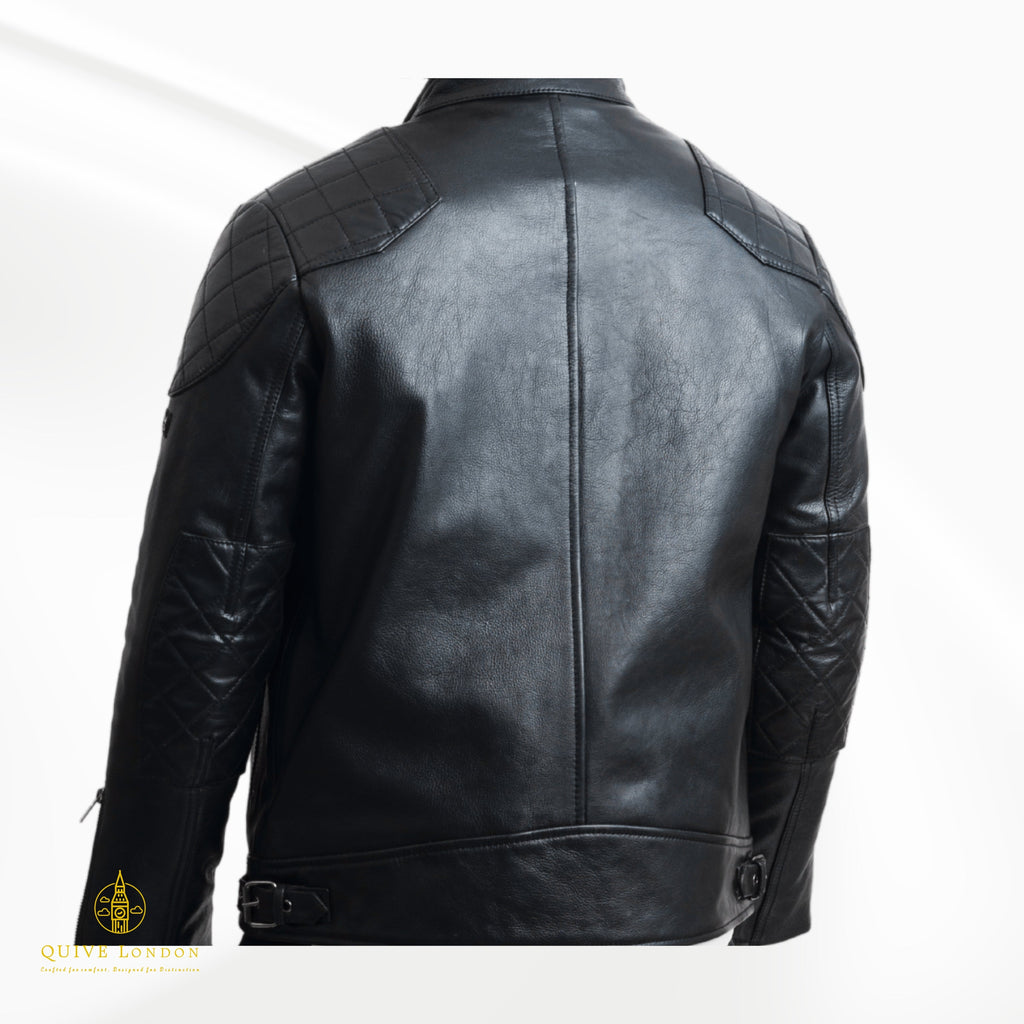 BROMPTON black leather biker jacket rear view