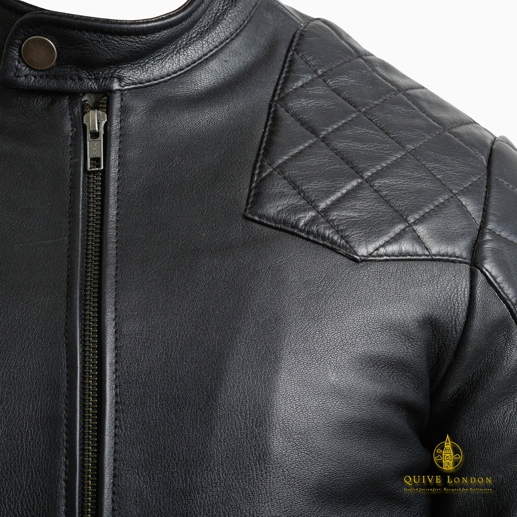 BROMPTON black leather jacket quilted shoulder and zip detail