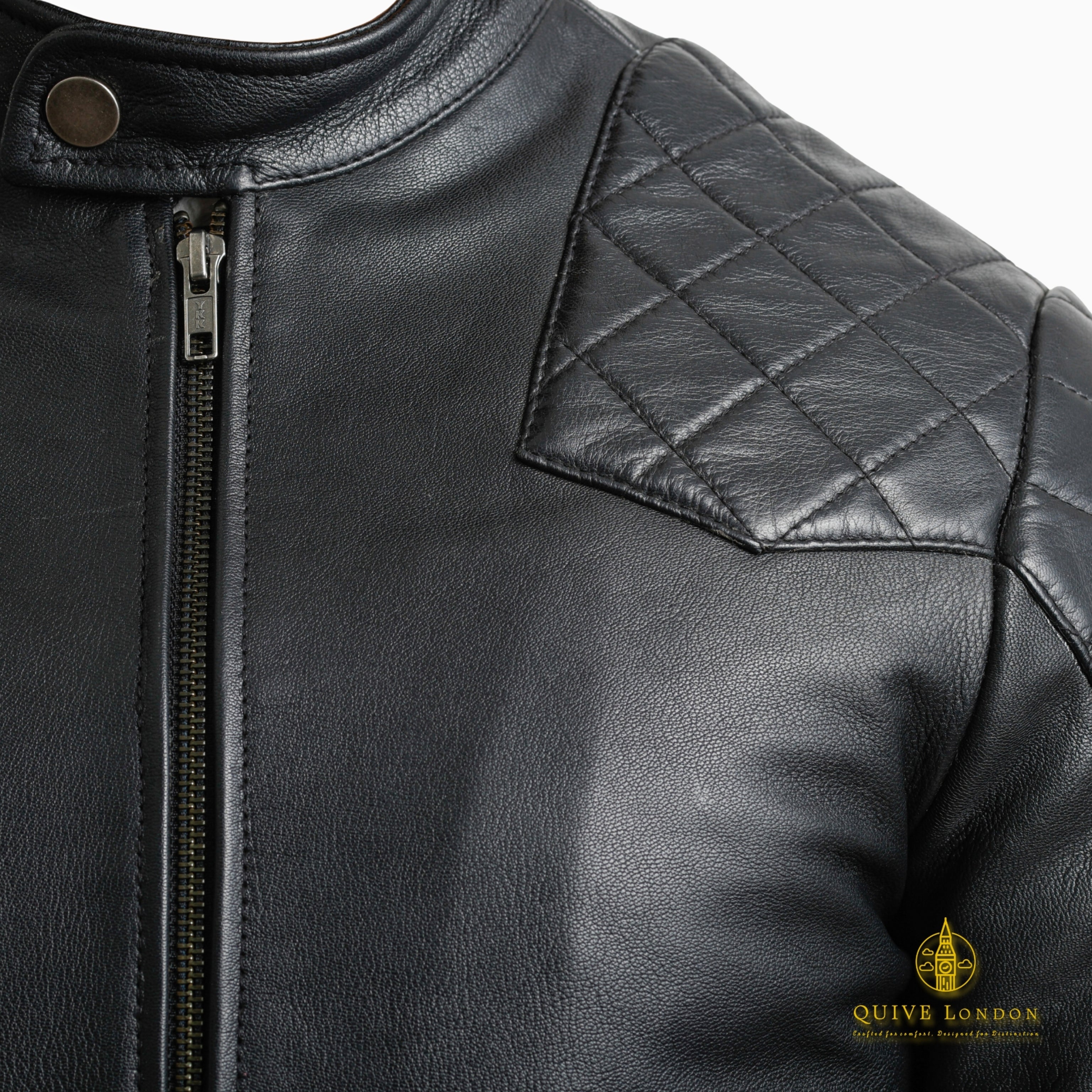 BROMPTON black leather jacket quilted shoulder and zip detail
