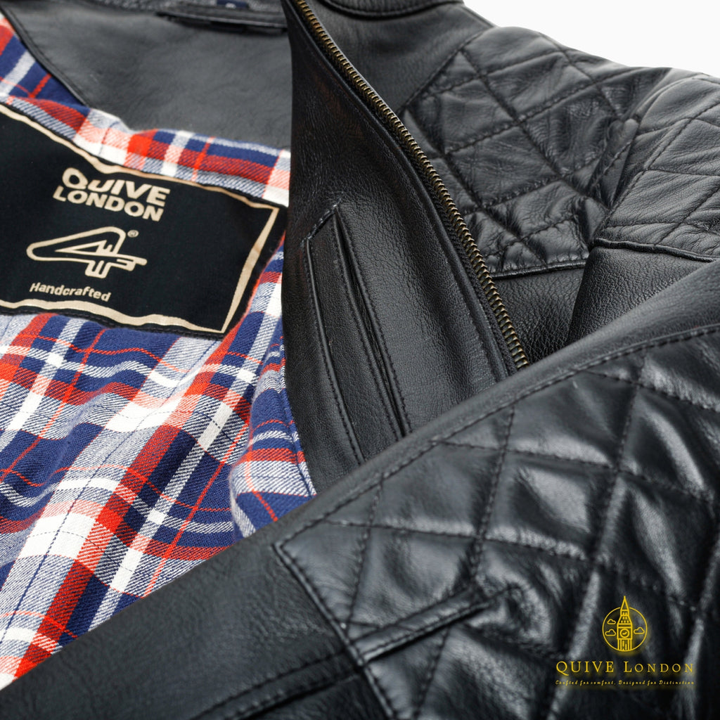 BROMPTON black leather jacket interior lining and quilted shoulder detail