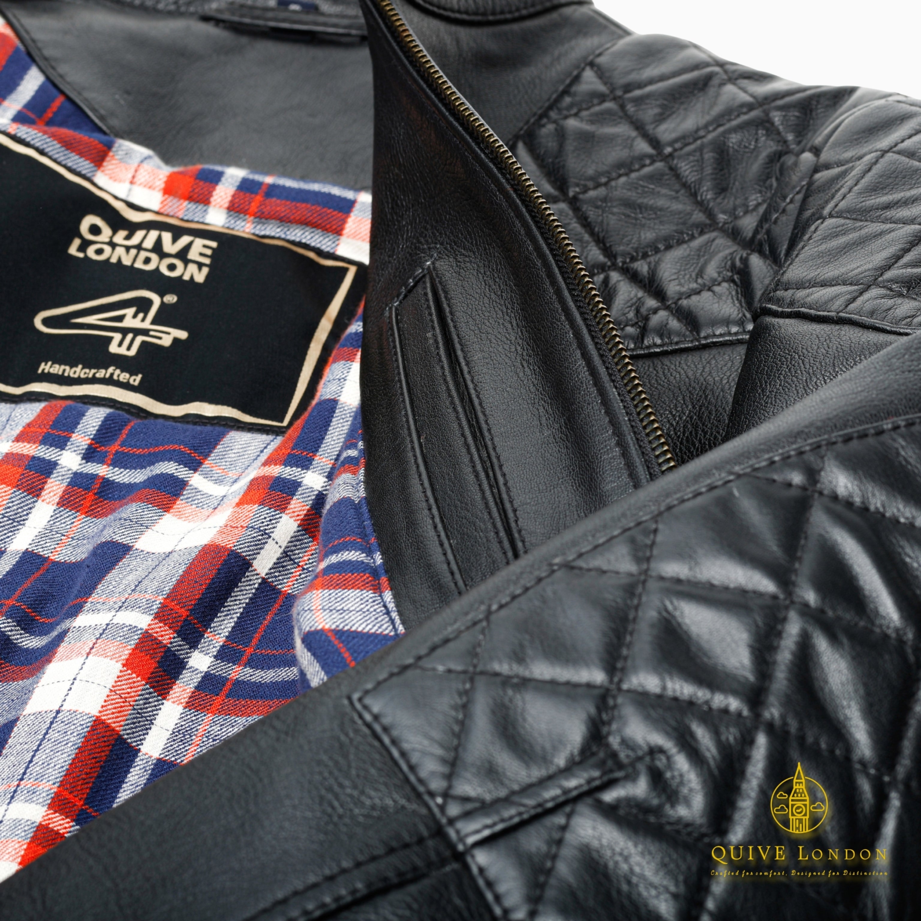 BROMPTON black leather jacket interior lining and quilted shoulder detail