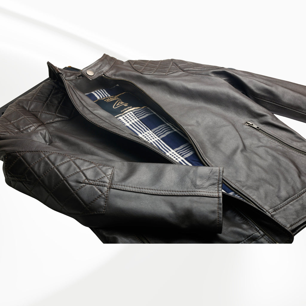 BROMPTON brown sheepskin leather biker jacket laid flat