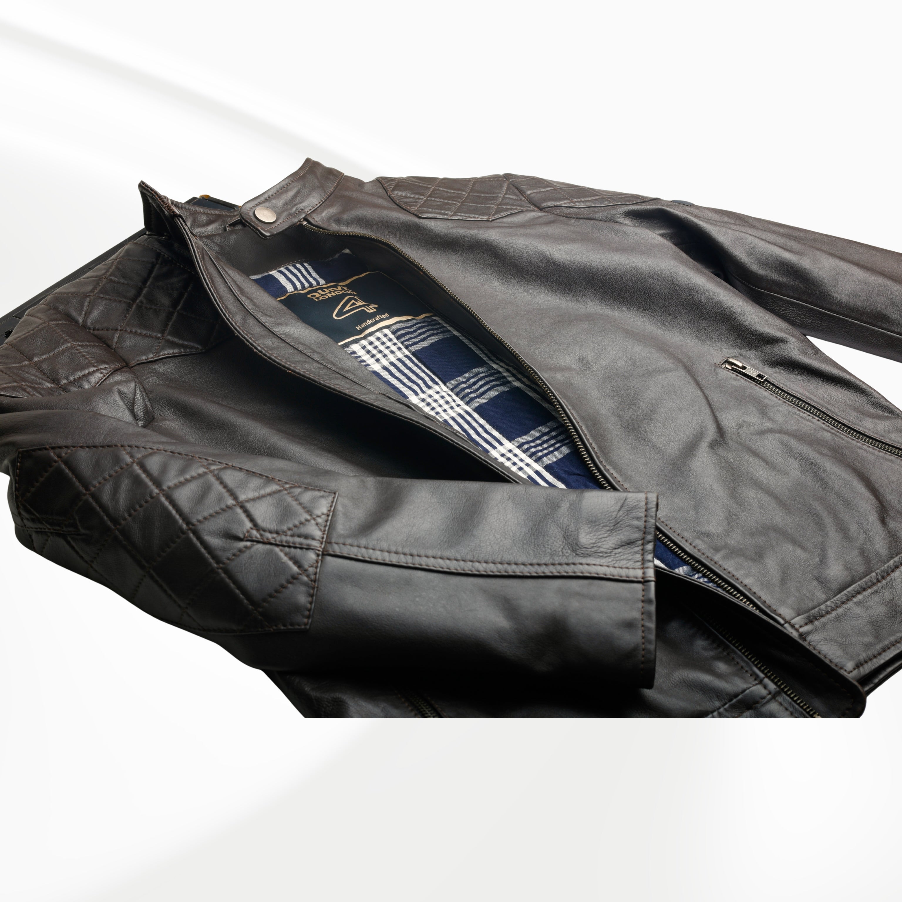 BROMPTON brown sheepskin leather biker jacket laid flat
