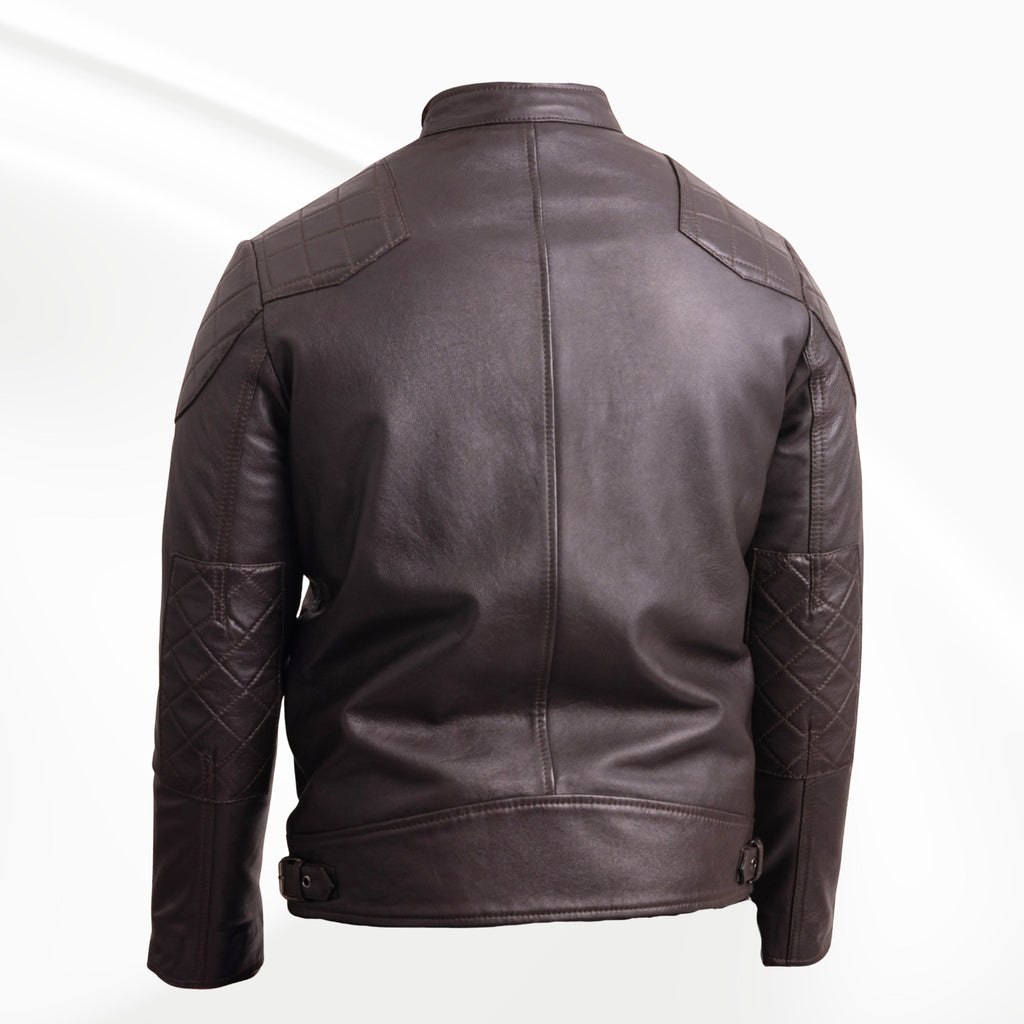 BROMPTON brown leather biker jacket rear view