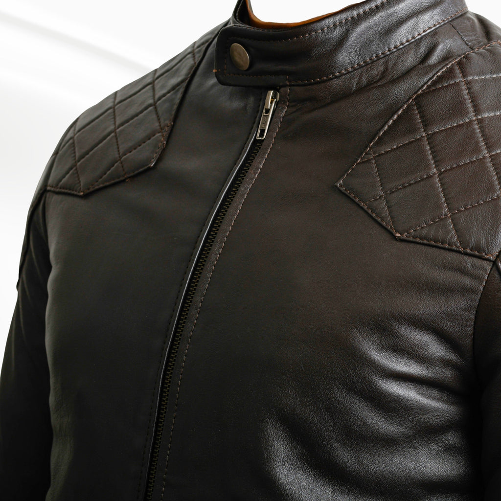 BROMPTON brown leather jacket quilted shoulder and front zip detail