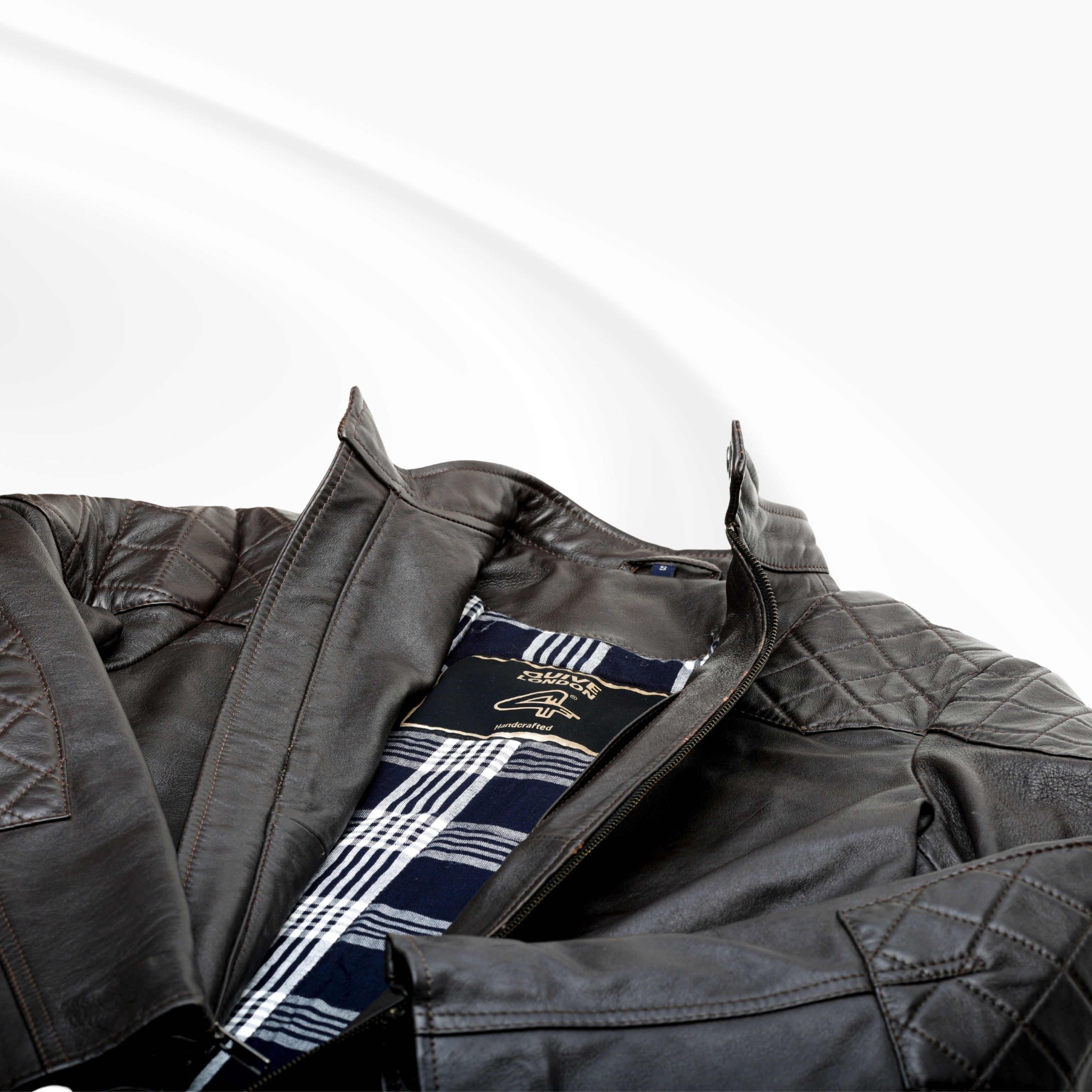 BROMPTON brown sheepskin leather biker jacket laid flat neck view