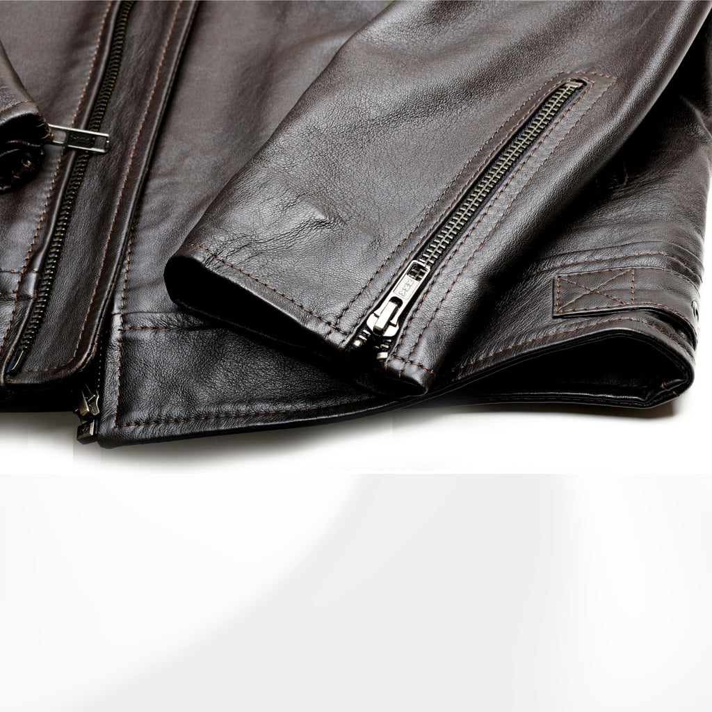 BROMPTON brown leather jacket zipped cuff detail