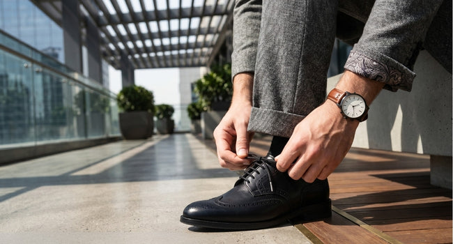 QUIVE London Kensington men's black leather Derby shoes worn with smart trousers