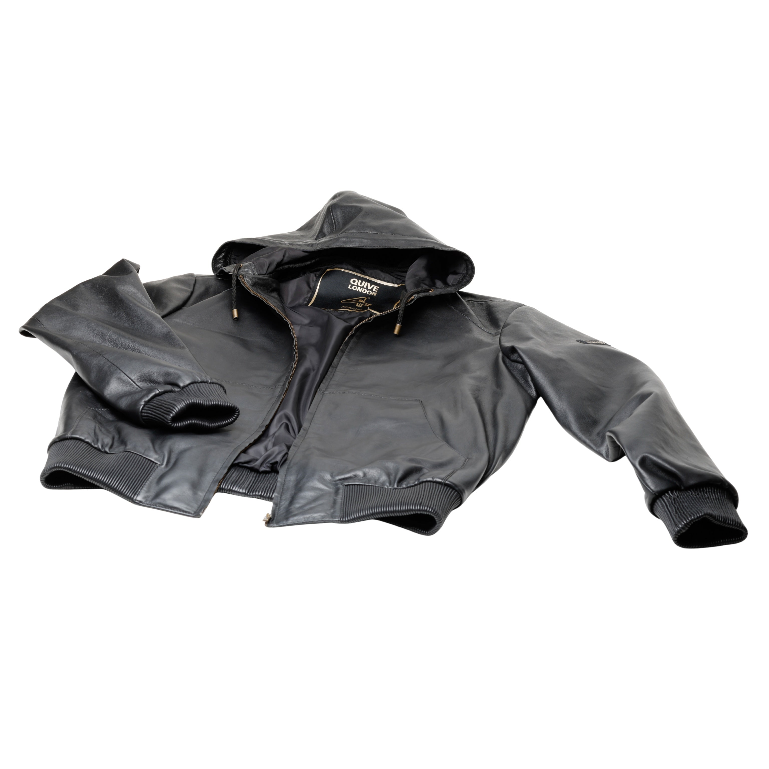 KNIGHTSBRIDGE black hooded leather jacket laid flat