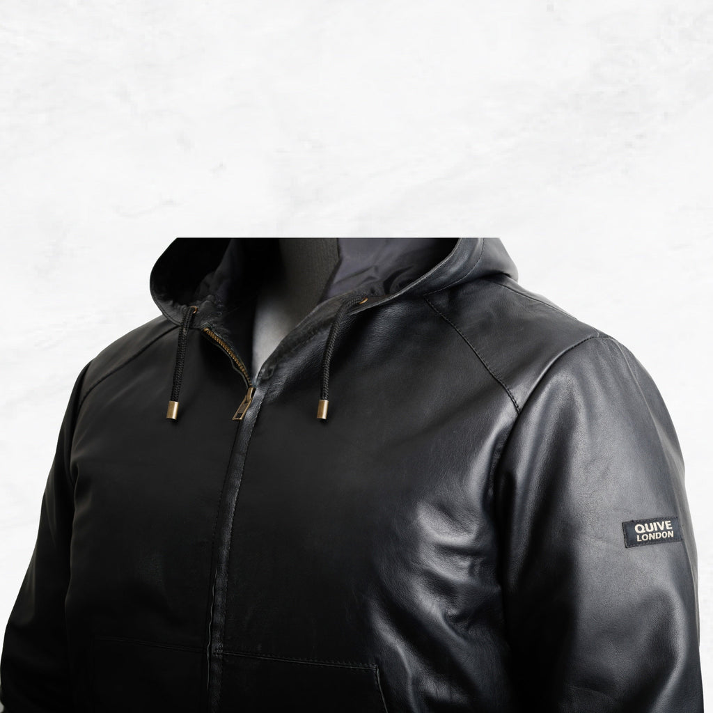 KNIGHTSBRIDGE black leather jacket hood and front detail