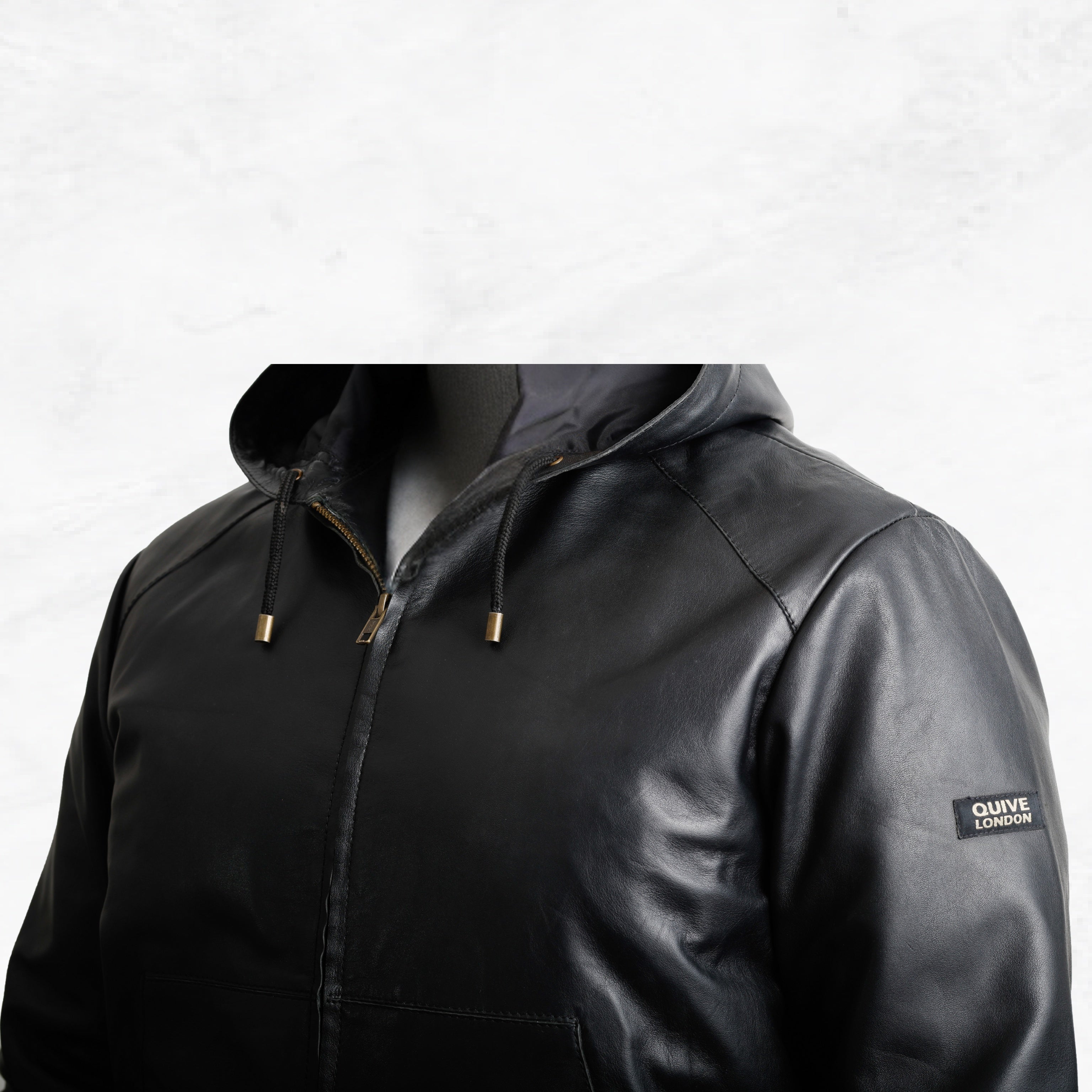 KNIGHTSBRIDGE black leather jacket hood and front detail