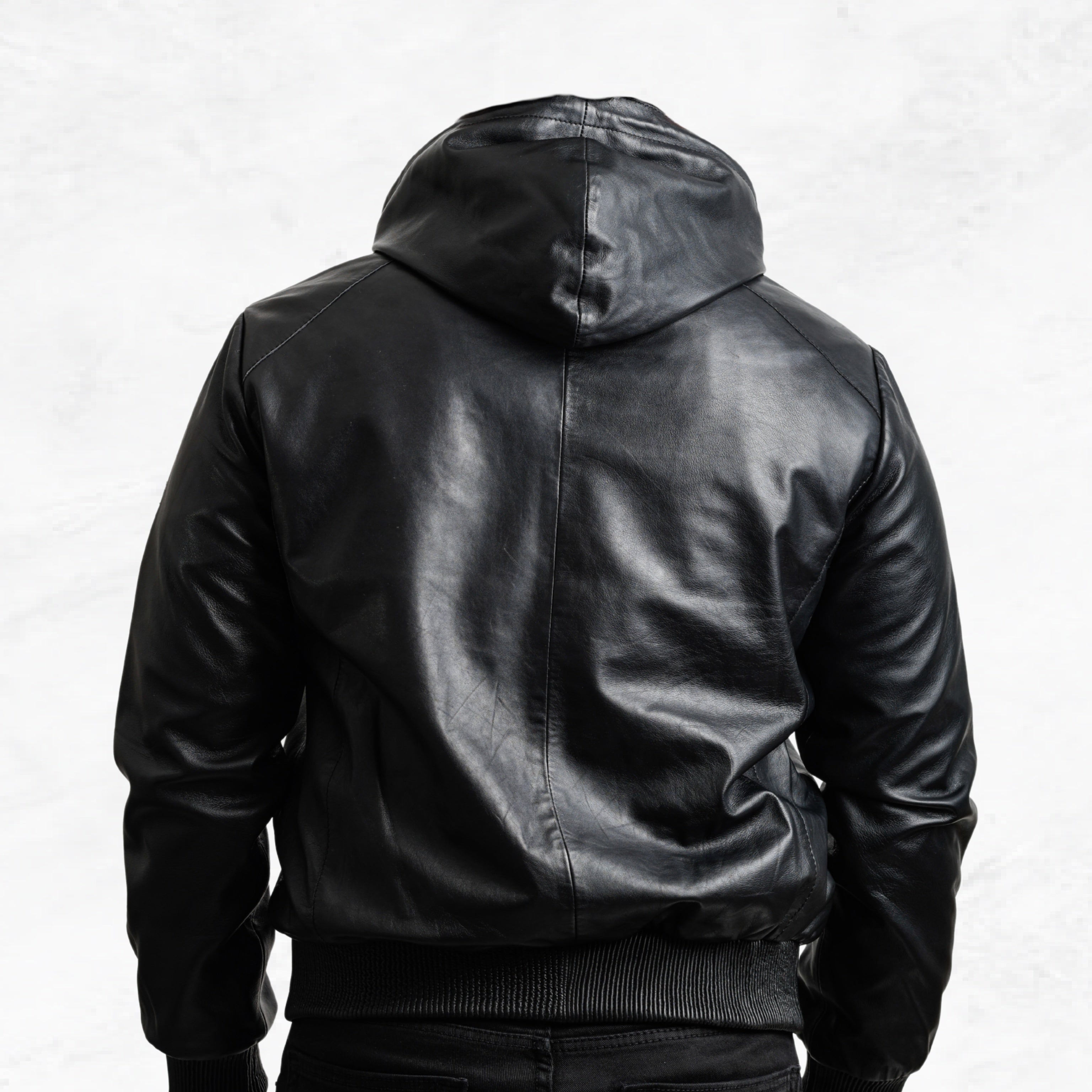 KNIGHTSBRIDGE men's black hooded leather jacket back view