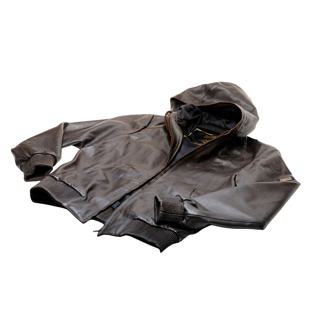 KNIGHTSBRIDGE brown hooded leather jacket laid flat