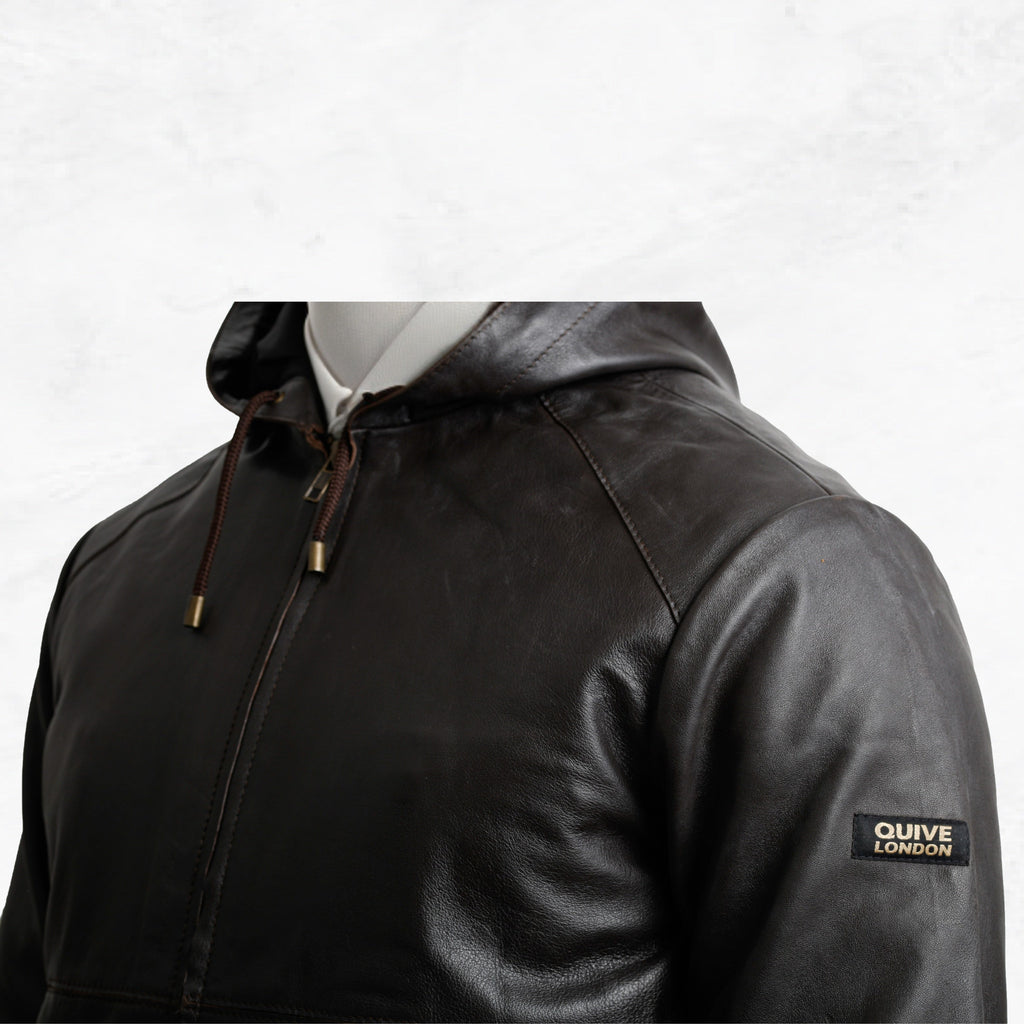 KNIGHTSBRIDGE brown leather jacket hood and shoulder detail