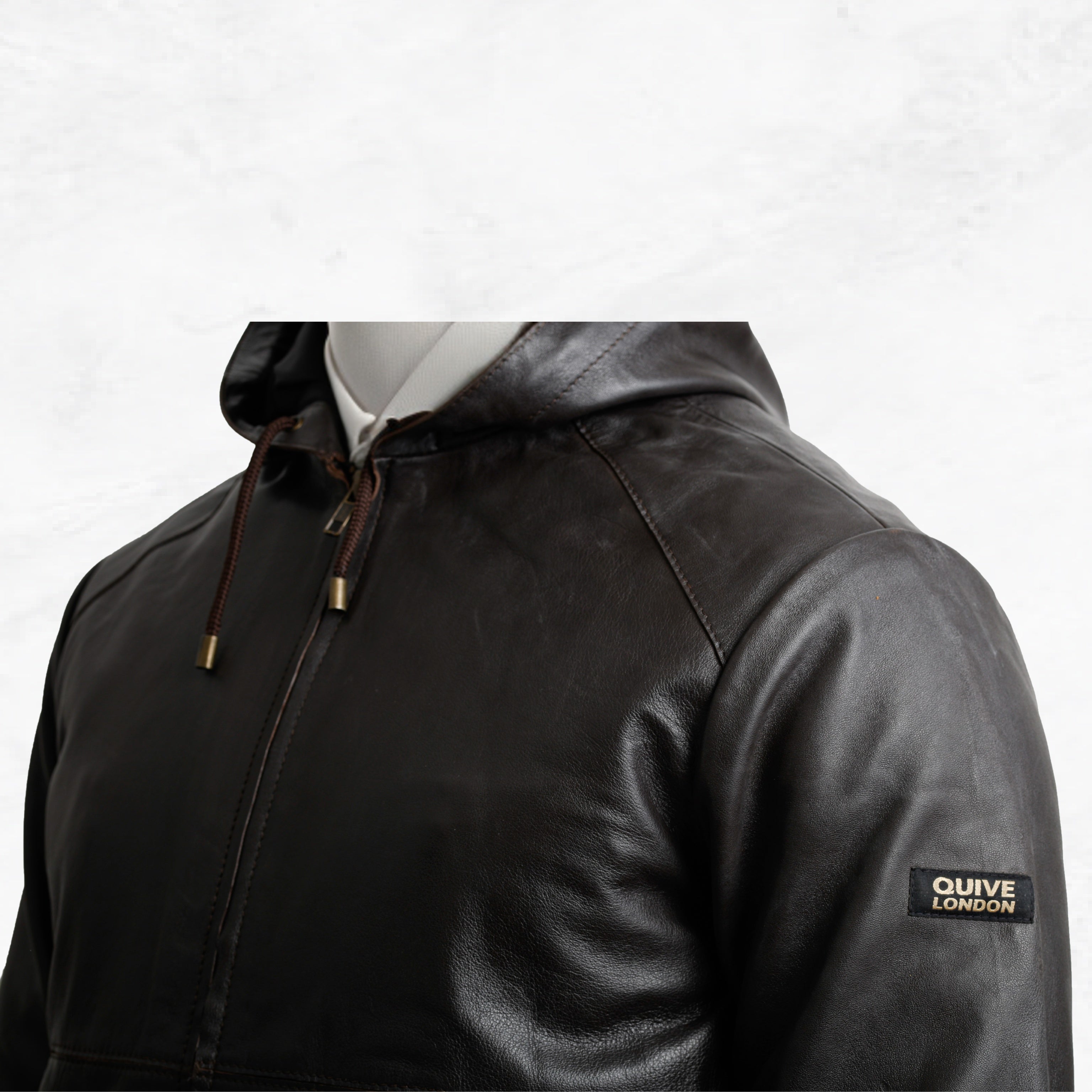 KNIGHTSBRIDGE brown leather jacket hood and shoulder detail
