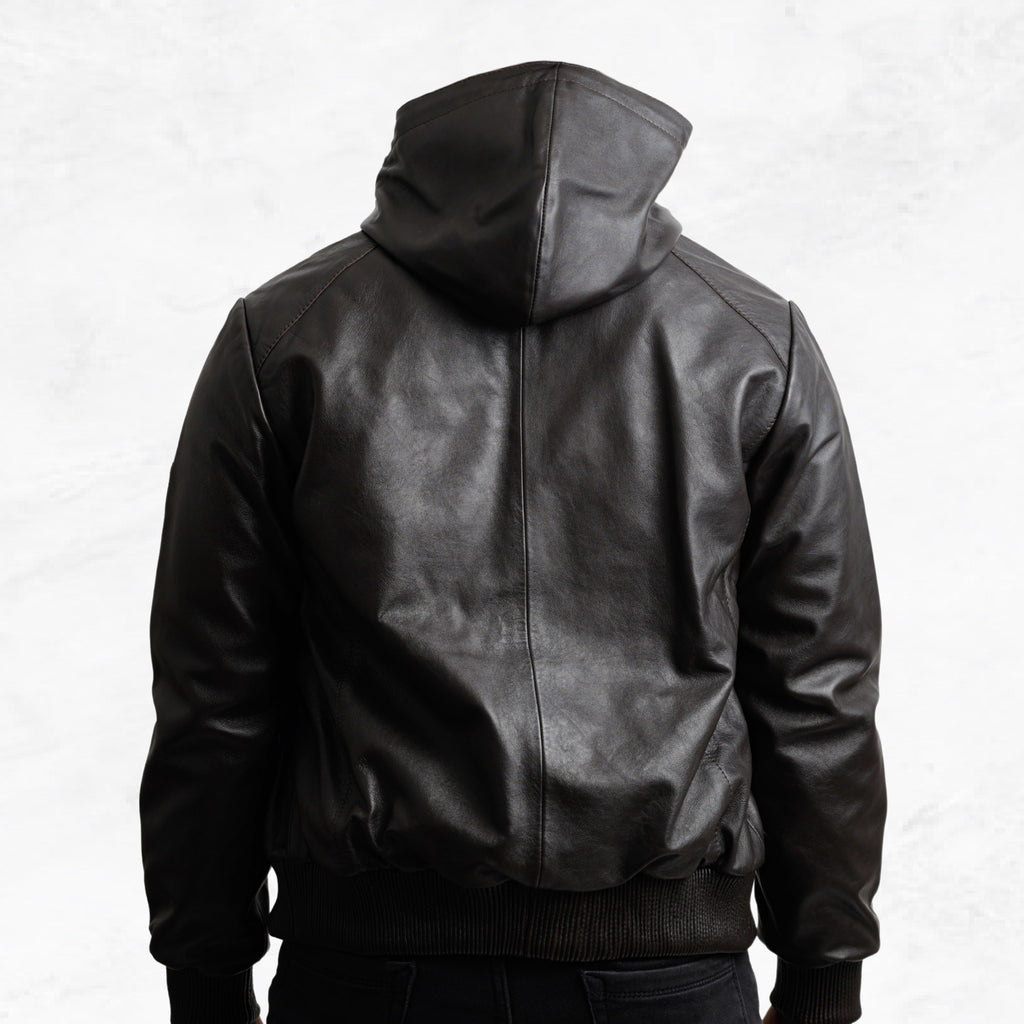 KNIGHTSBRIDGE men's brown hooded leather jacket back view