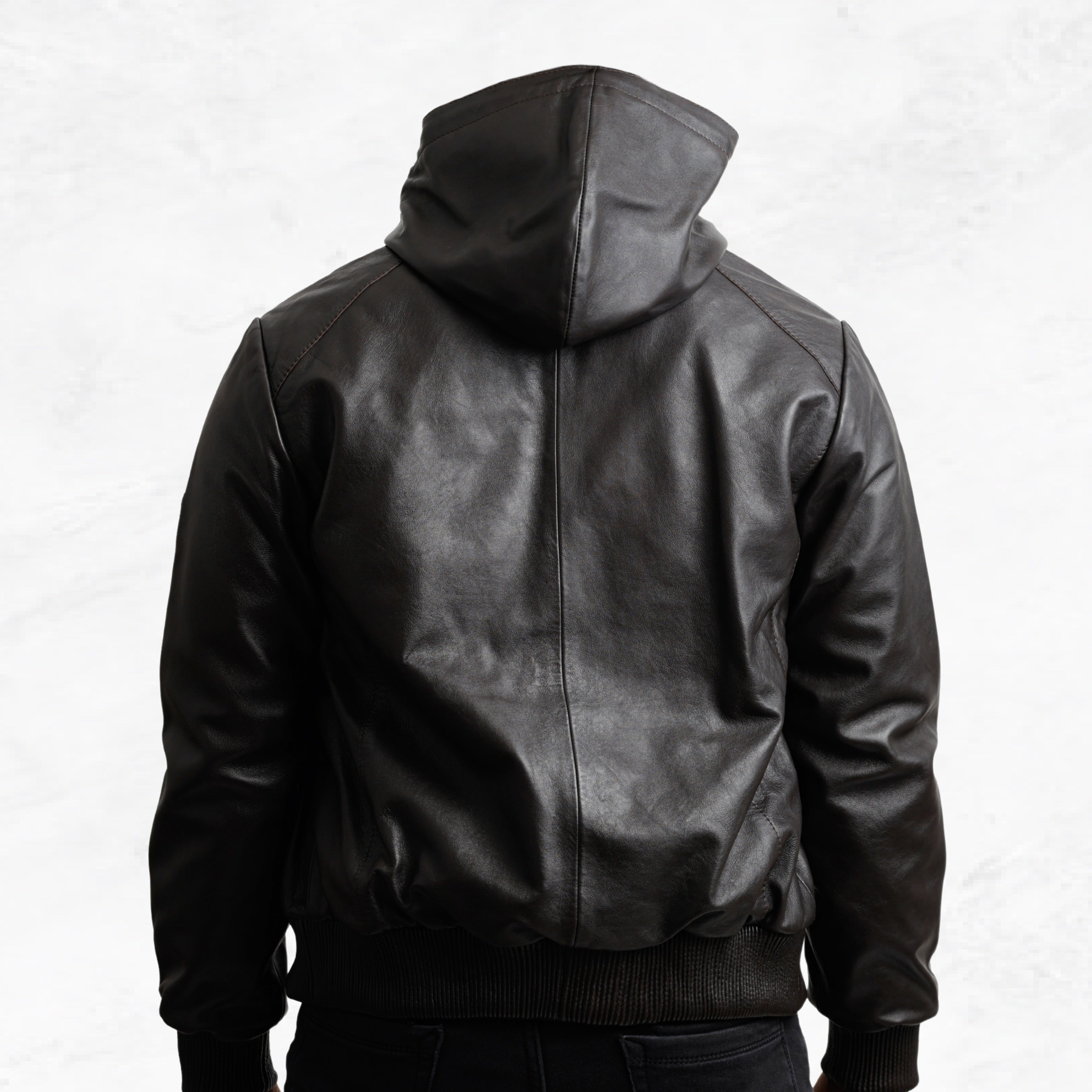 KNIGHTSBRIDGE men's brown hooded leather jacket back view