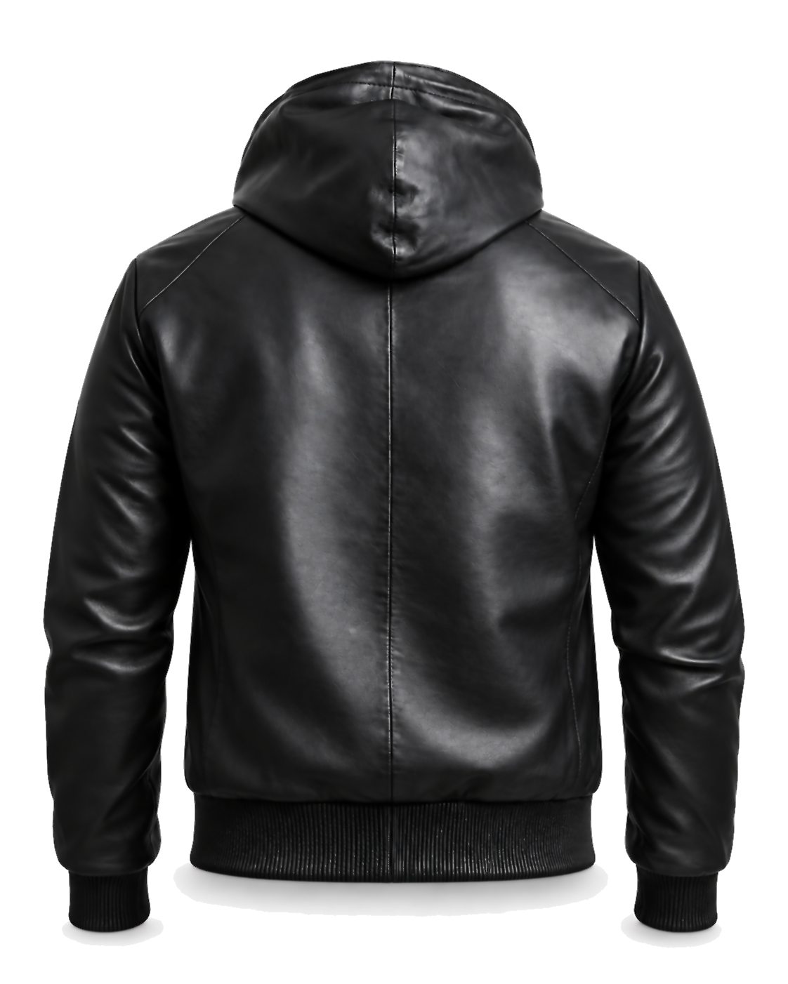 KNIGHTSBRIDGE men's black sheepskin leather jacket with integrated hood, back view
