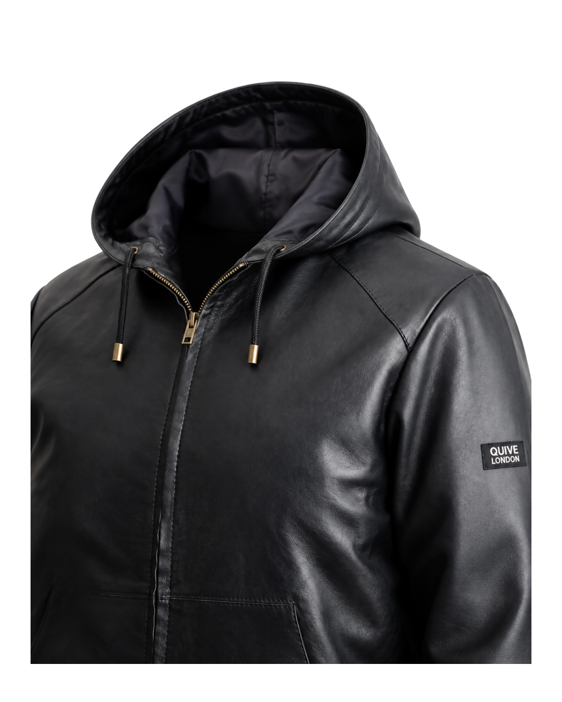 KNIGHTSBRIDGE black leather jacket hood, antique zip and QUIVE London sleeve badge detail