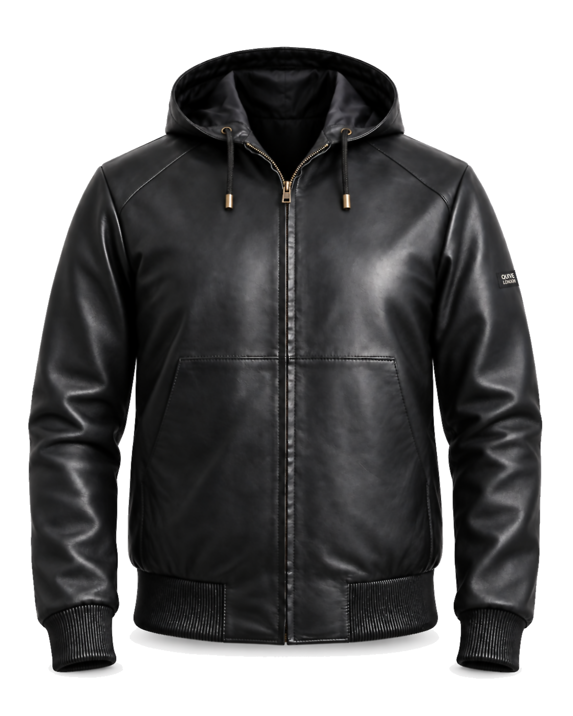 QUIVE London KNIGHTSBRIDGE men's black hooded sheepskin leather jacket, front view