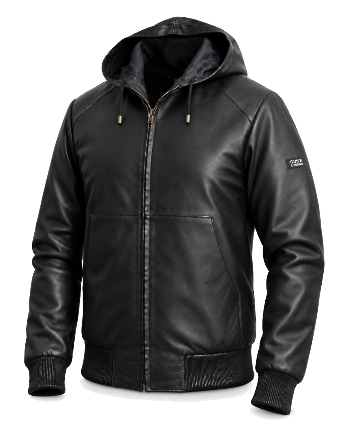 KNIGHTSBRIDGE black hooded leather jacket, three-quarter view with sleeve badge