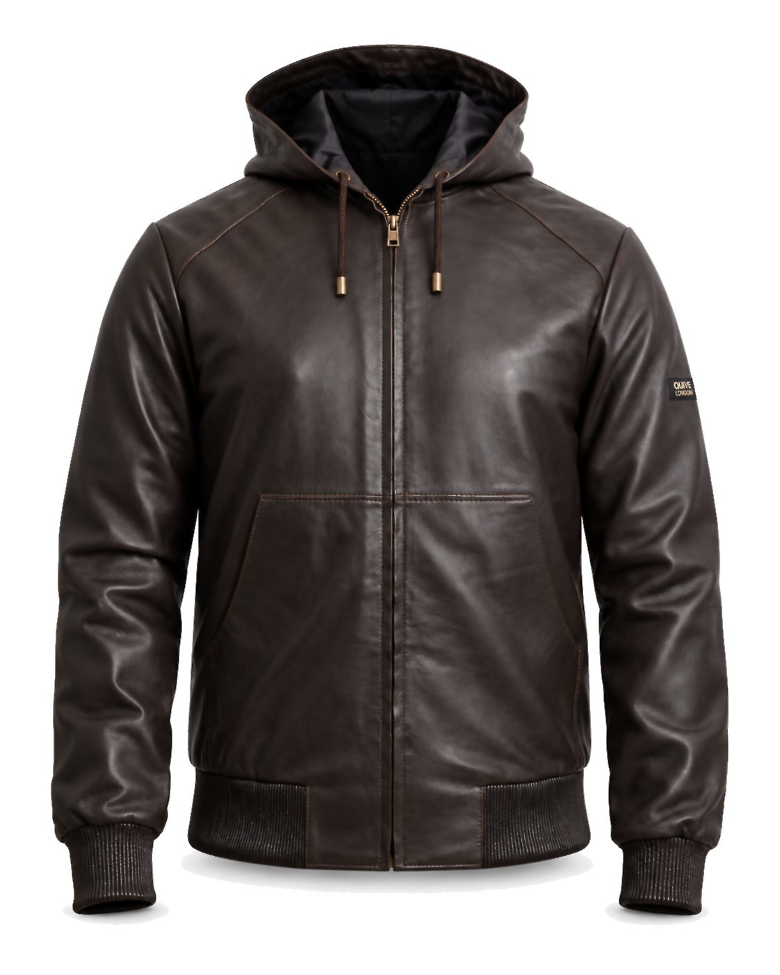 QUIVE London KNIGHTSBRIDGE men's brown hooded sheepskin leather jacket, front view