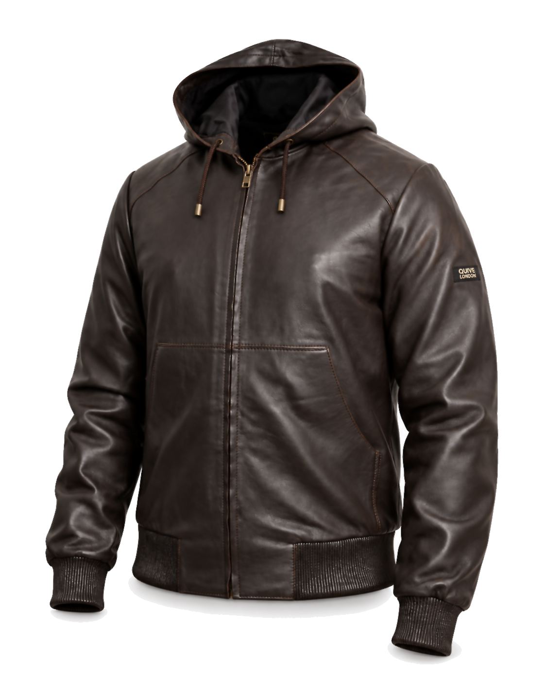 KNIGHTSBRIDGE brown hooded leather jacket, three-quarter view with sleeve badge
