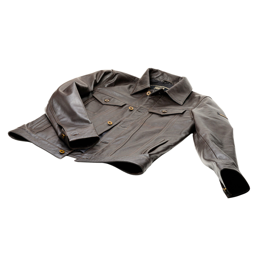 Brown BELGRAVE leather jacket laid flat showing button-front construction