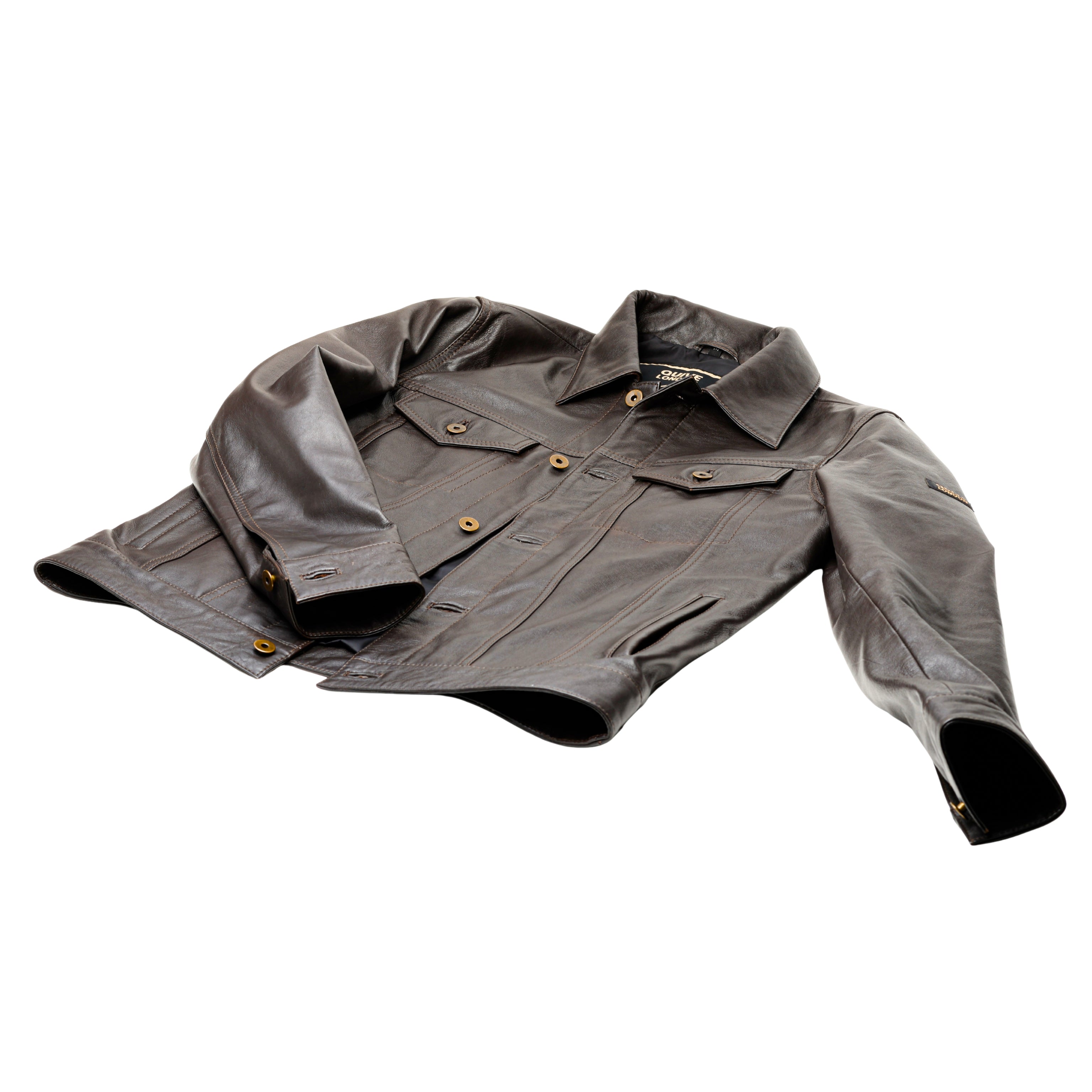 Brown BELGRAVE leather jacket laid flat showing button-front construction