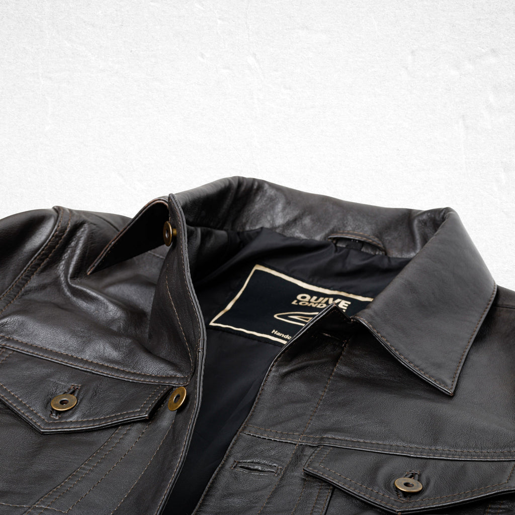 Brown BELGRAVE leather jacket collar and interior label detail
