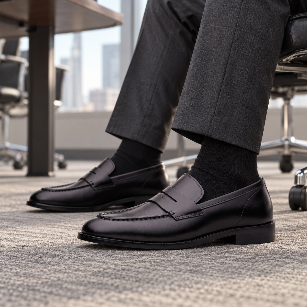 Black ALBANY calf leather penny loafers worn with a navy suit in a boardroom