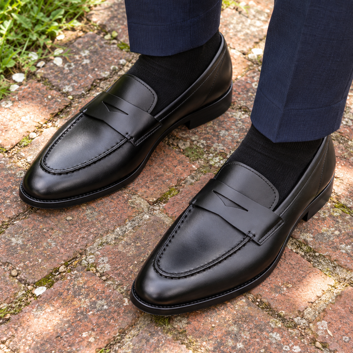 Black ALBANY calf leather penny loafers showing the penny strap and apron stitching on a garden path