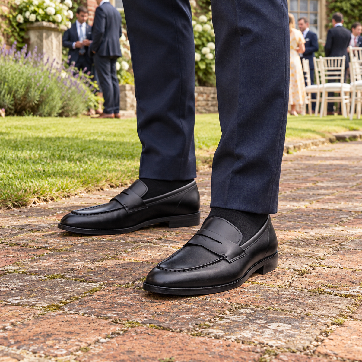 ALBANY black calf leather penny loafers worn at a garden wedding