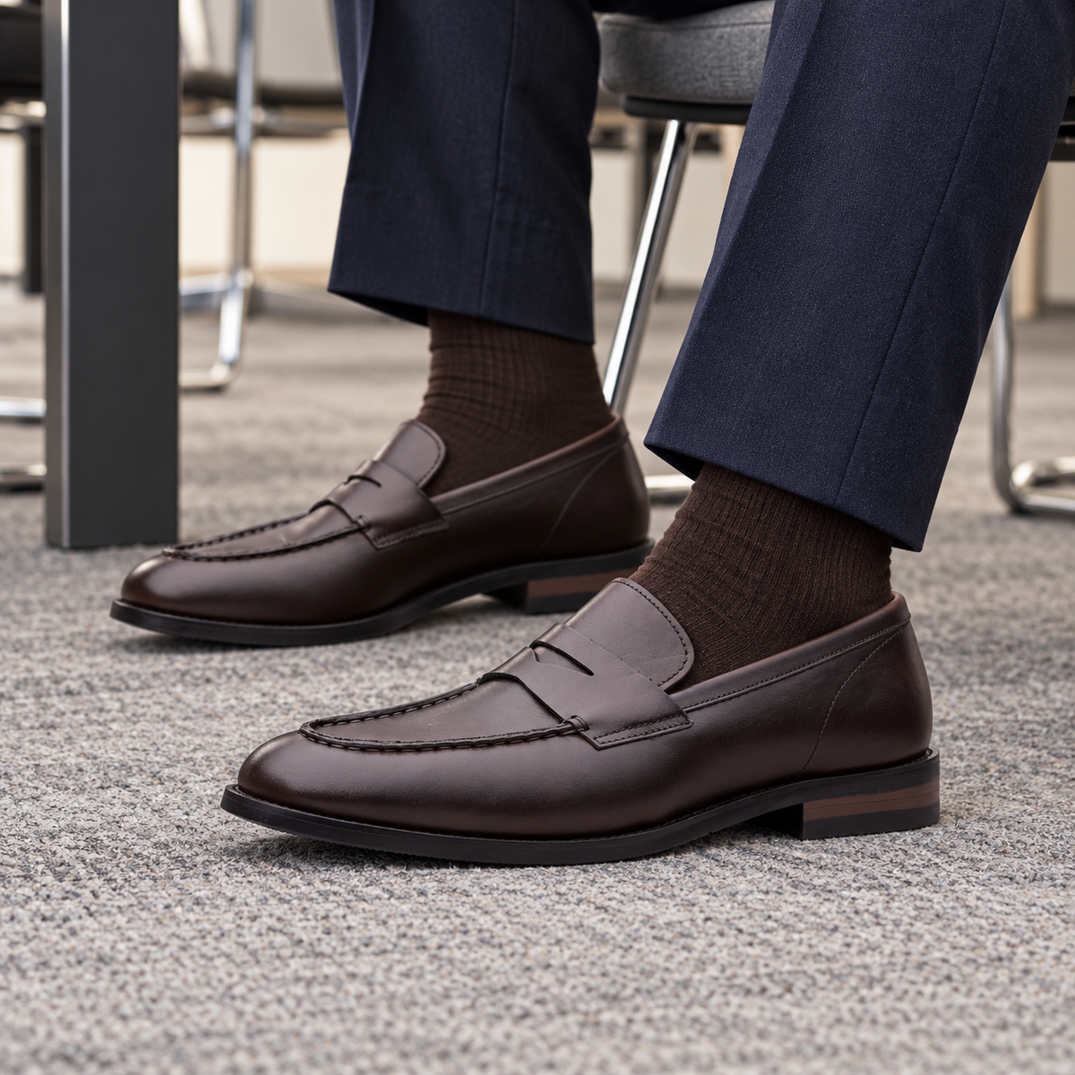 Brown ALBANY calf leather penny loafers worn with a navy suit in a boardroom