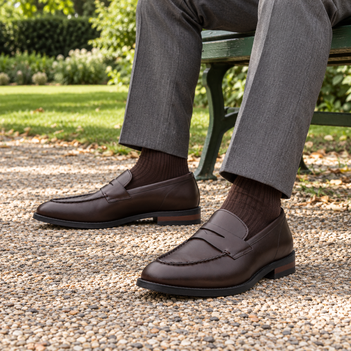 ALBANY brown calf leather penny loafers worn in a park, front and side views