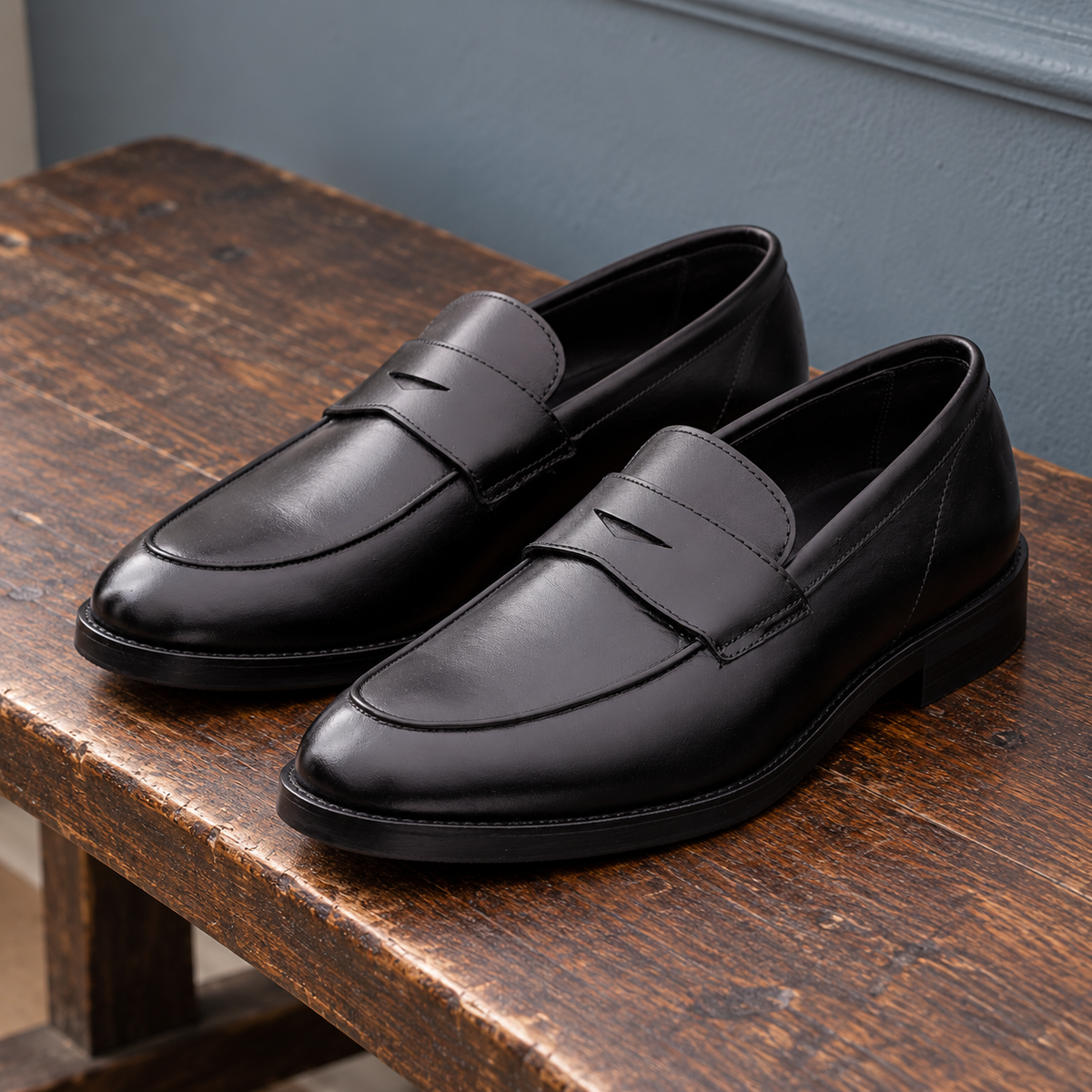 ASHFORD black calf leather penny loafers on a dark wooden bench, showing penny straps and apron stitching