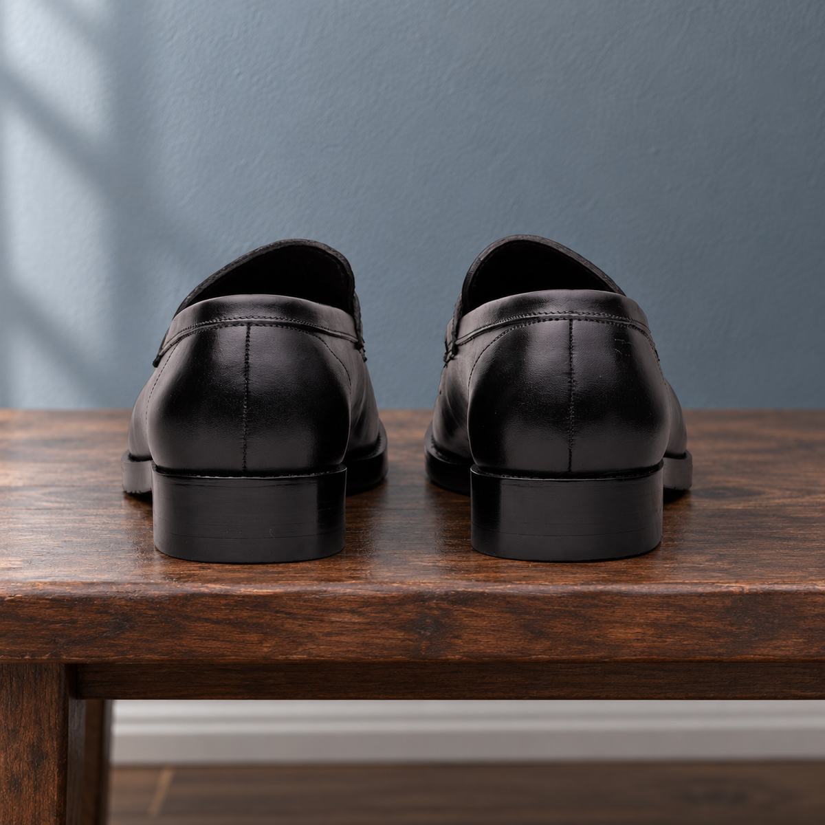 Rear view of ASHFORD black calf leather penny loafers on a wooden bench, showing heel shape and back stitching