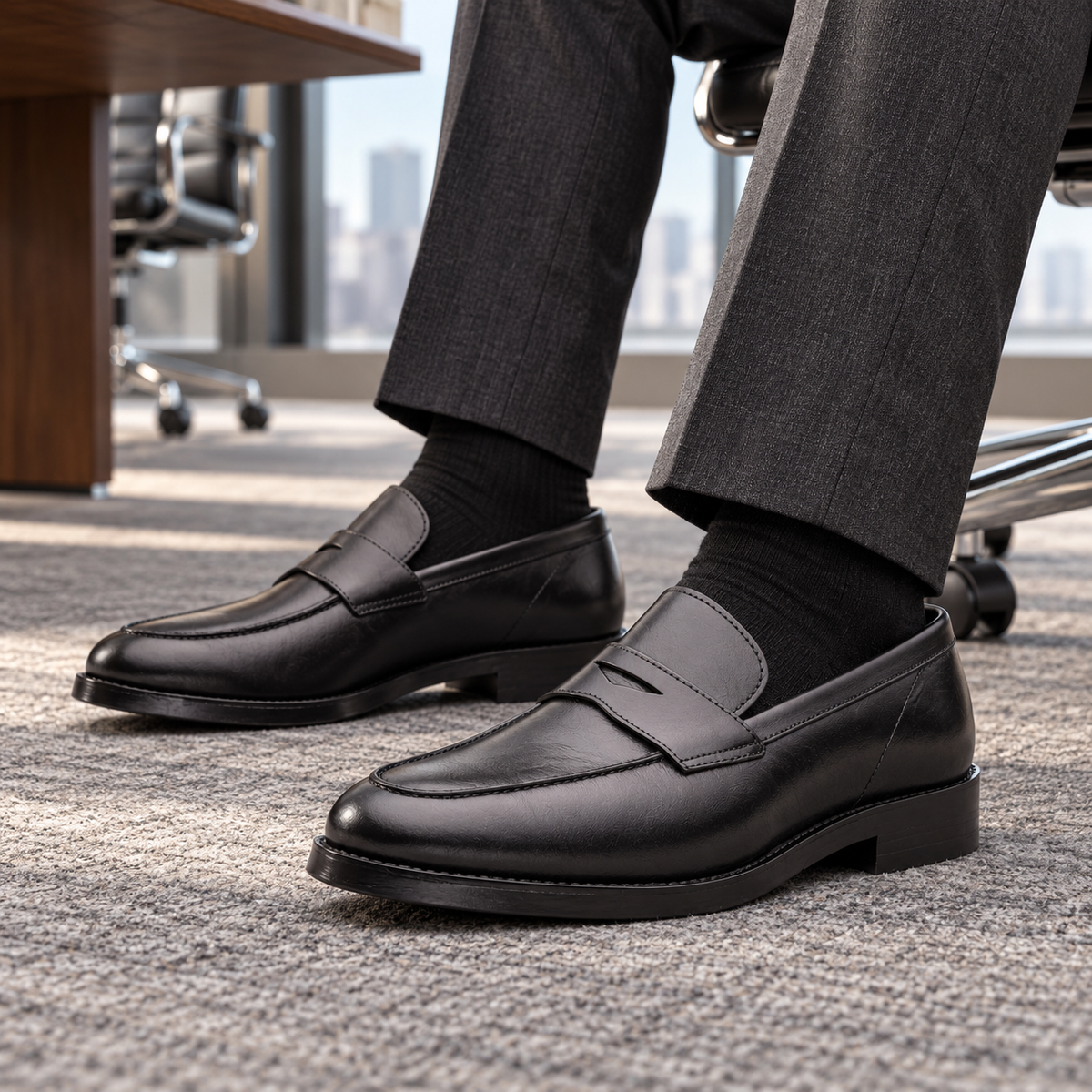 BERKELEY black calf leather penny loafers — worn with charcoal tailoring in a boardroom