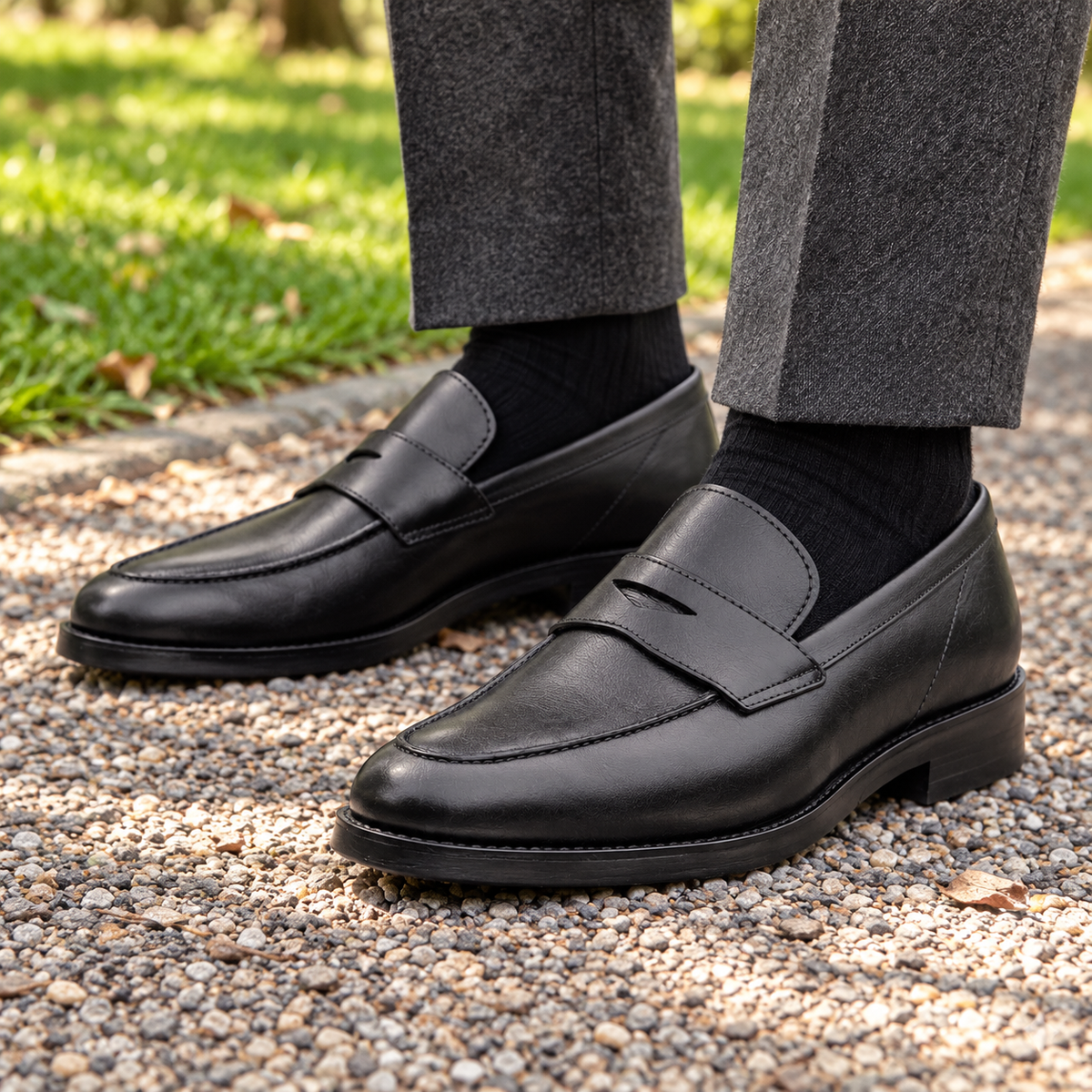 BERKELEY black calf leather penny loafers — penny strap and apron stitching detail on a park path