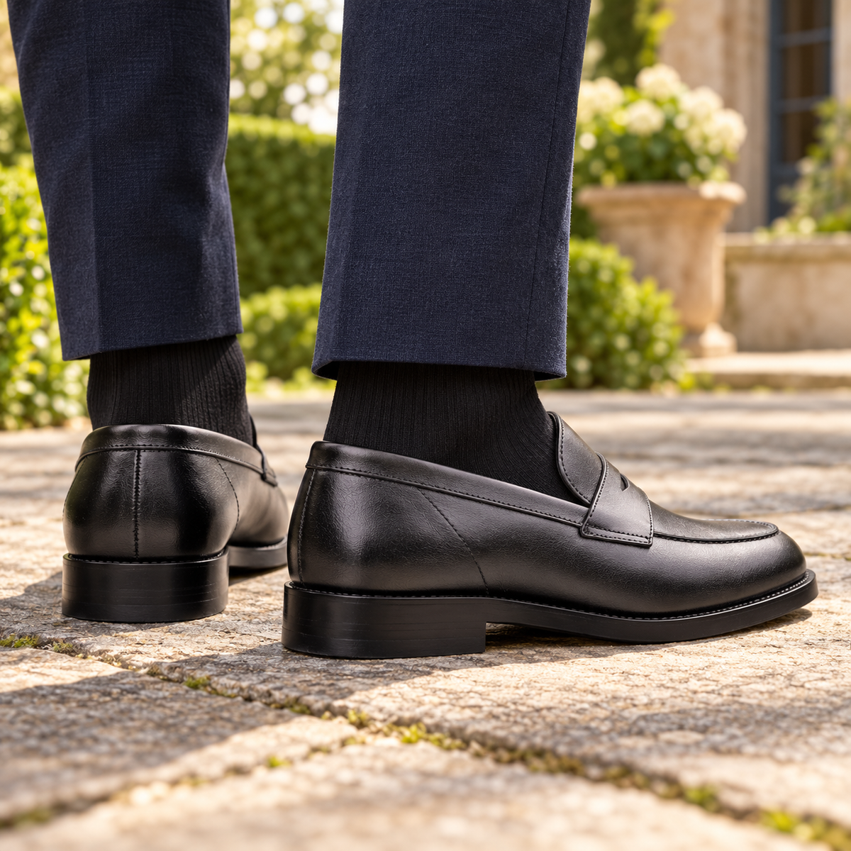 BERKELEY black calf leather penny loafers — rear view showing heel construction in a garden