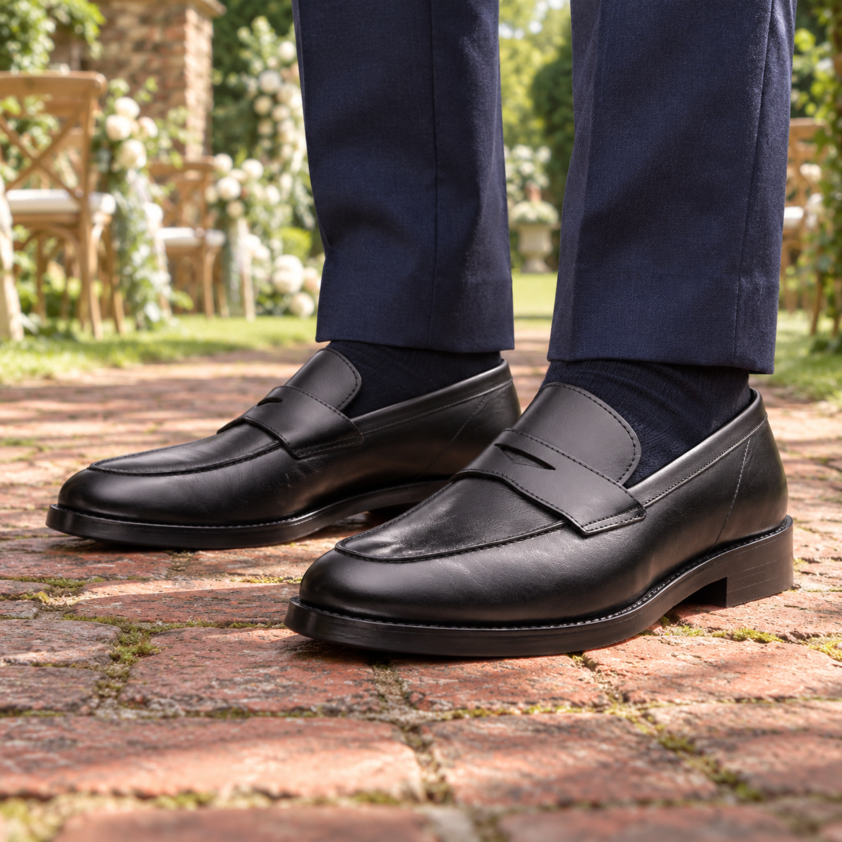 BERKELEY black calf leather penny loafers — garden wedding front view