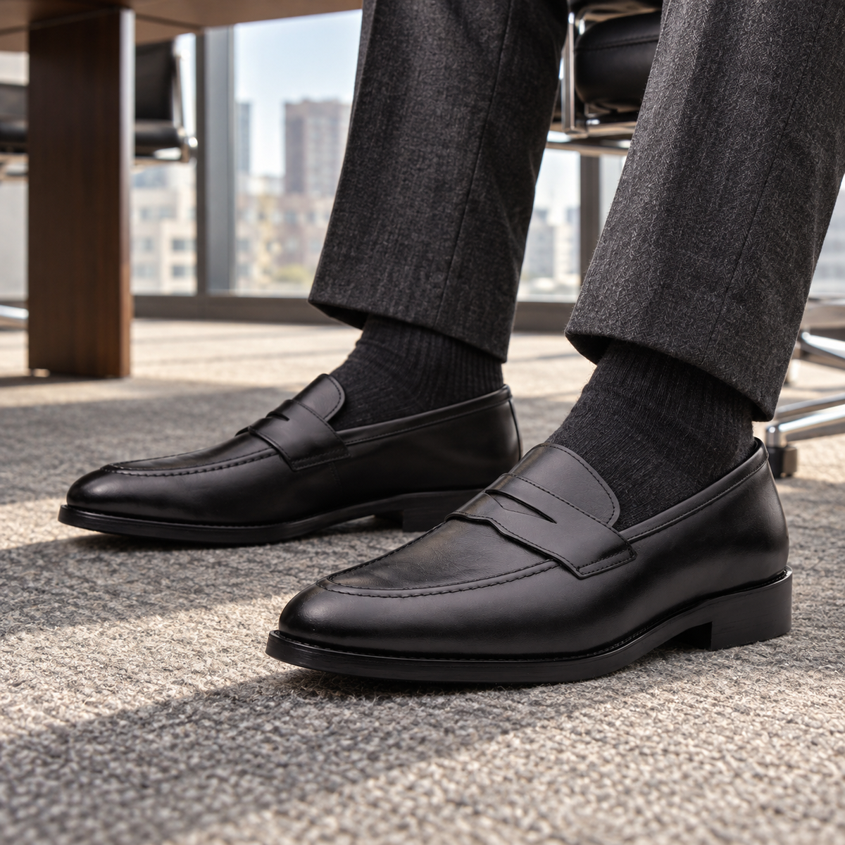 BURLINGTON black calf leather penny loafers — worn with tailoring in a boardroom