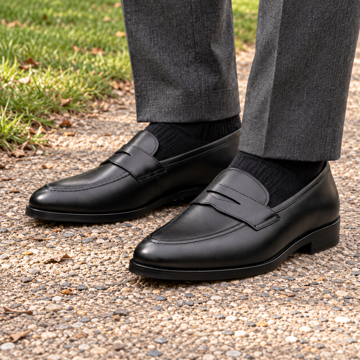 BURLINGTON black calf leather penny loafers — penny strap and apron stitching detail on a park path