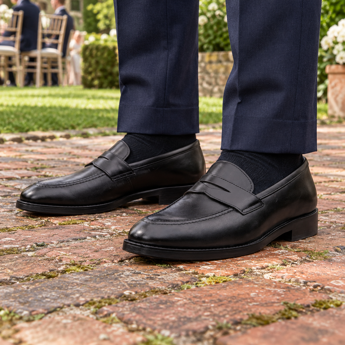 BURLINGTON black calf leather penny loafers — garden wedding front view