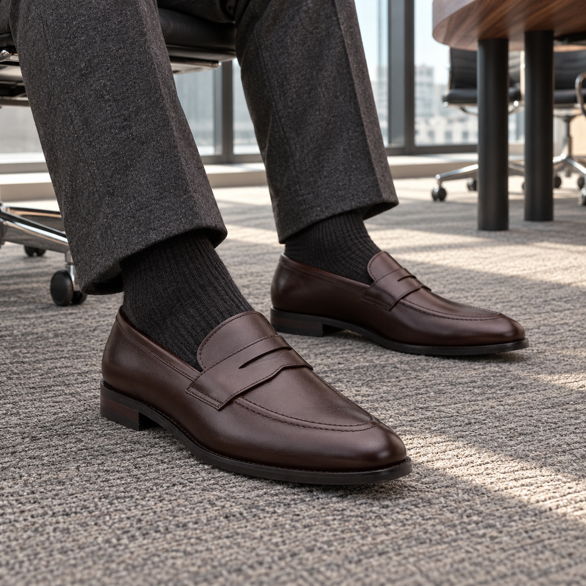 BURLINGTON brown calf leather penny loafers — worn with tailoring in a boardroom