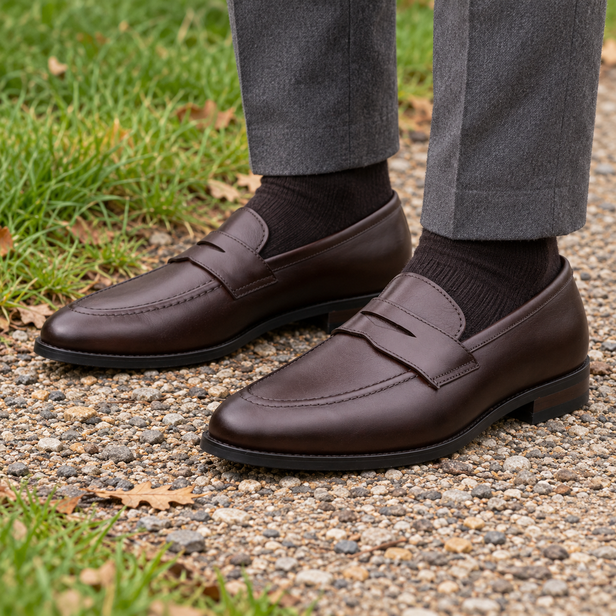 BURLINGTON brown calf leather penny loafers — penny strap and apron stitching detail on a park path