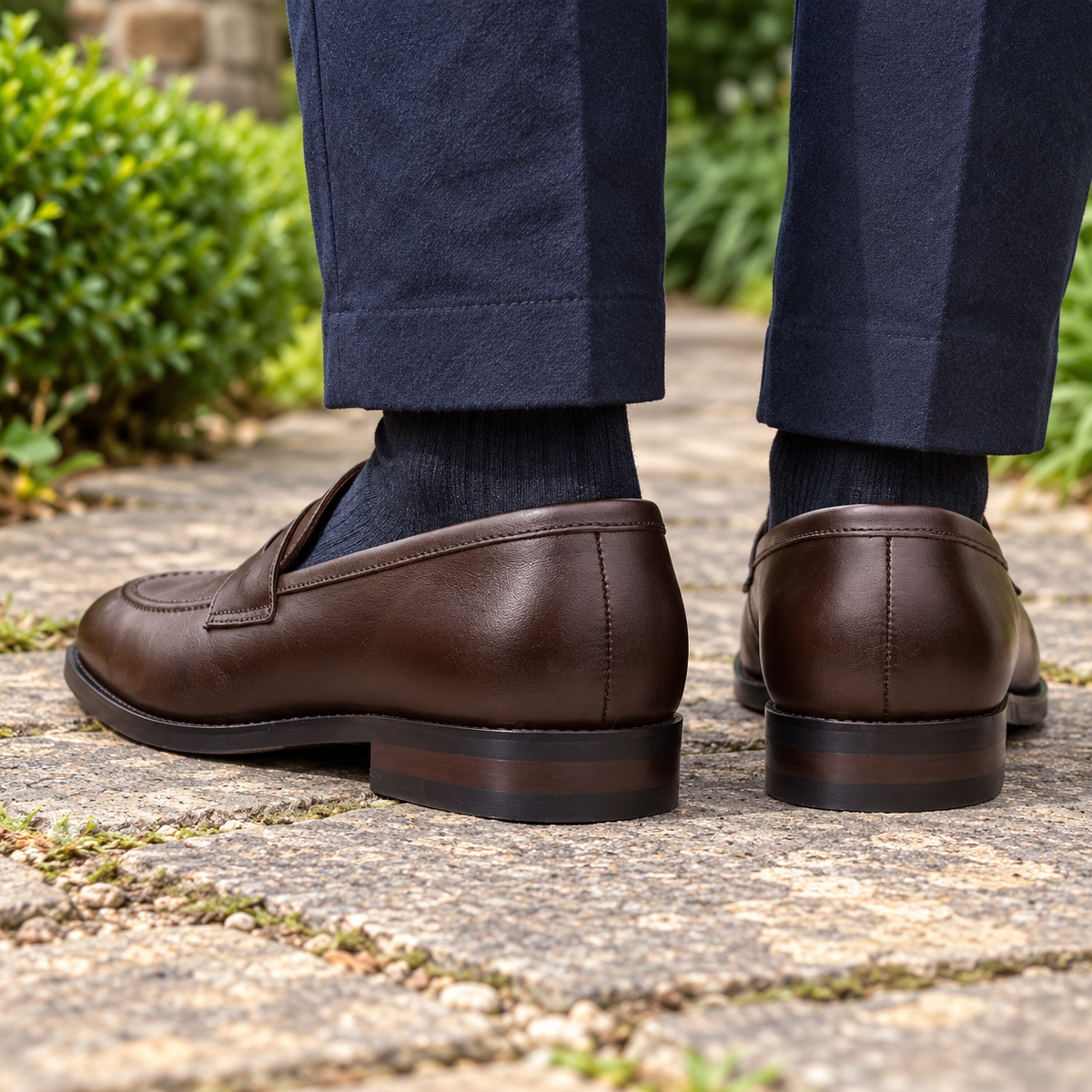BURLINGTON brown calf leather penny loafers — rear view showing heels and stitching in a garden