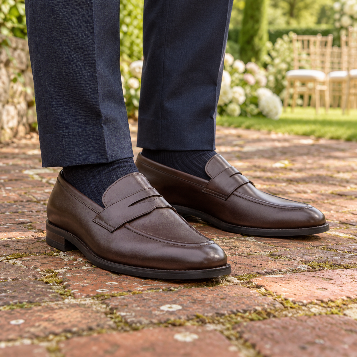 BURLINGTON brown calf leather penny loafers — garden wedding front view