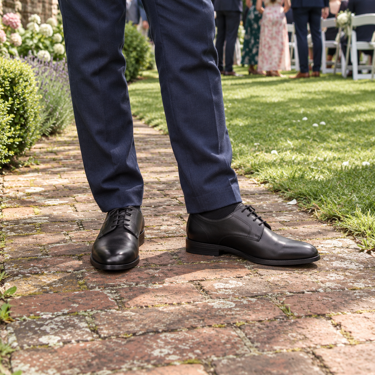 GROSVENOR black calf leather Derby shoes worn with a navy suit at a garden wedding